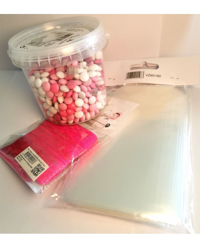 kit 50 sachets à bonbons,ruban rose et pastilles chocolat mixte rose chocolat kit 50 sachets à bonbons,ruban rose et pastilles chocolat mixte rose chocolat