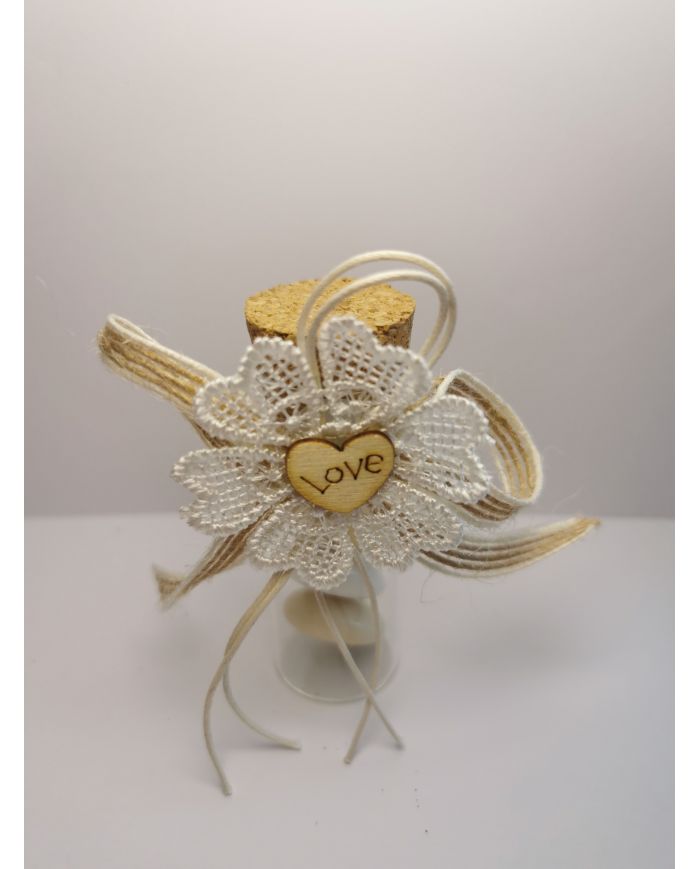 éprouvette décor fleur dentelle et coeur love en bois garni dragées