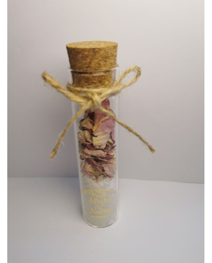 éprouvette sel de bain BLANC ficelle corde pétale rose séchée et étiquette personnalisÃ©e