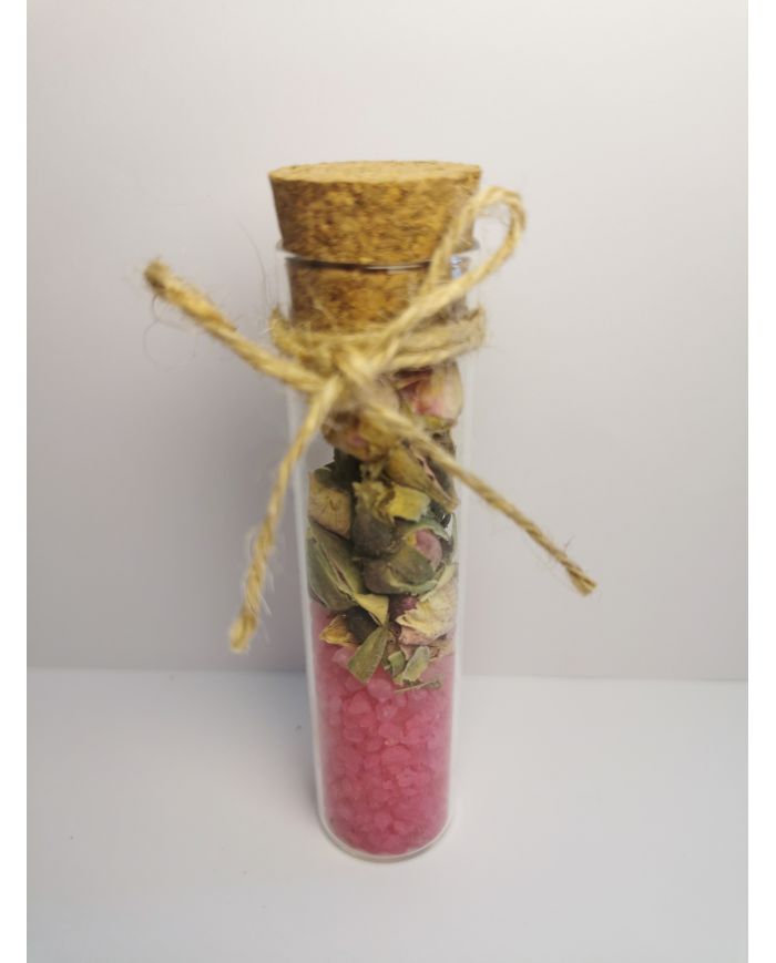 Éprouvette sel de bain ROSE ficelle corde pétale rose séchée et étiquette personnalisÃ©e